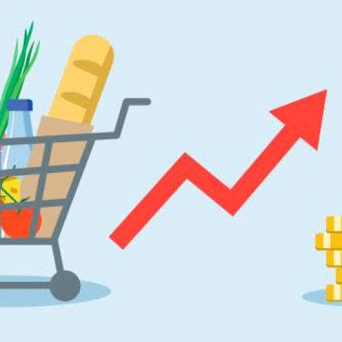 Rising food prices. Grocery cart with different products. Dollar growth, red arrow up. Golden stack of dollar coins. Flat vector illustration on a blue background.
