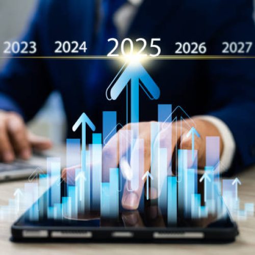 Set goals and strategy for 2025,Businessman touch icon of year 2025 with target arrow on virtual screen,Planning for future growth and success,Development to achieve goals and success,Investment